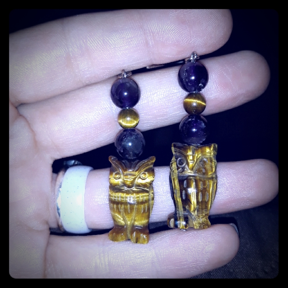 Carved owl gemstone totem animal earrings